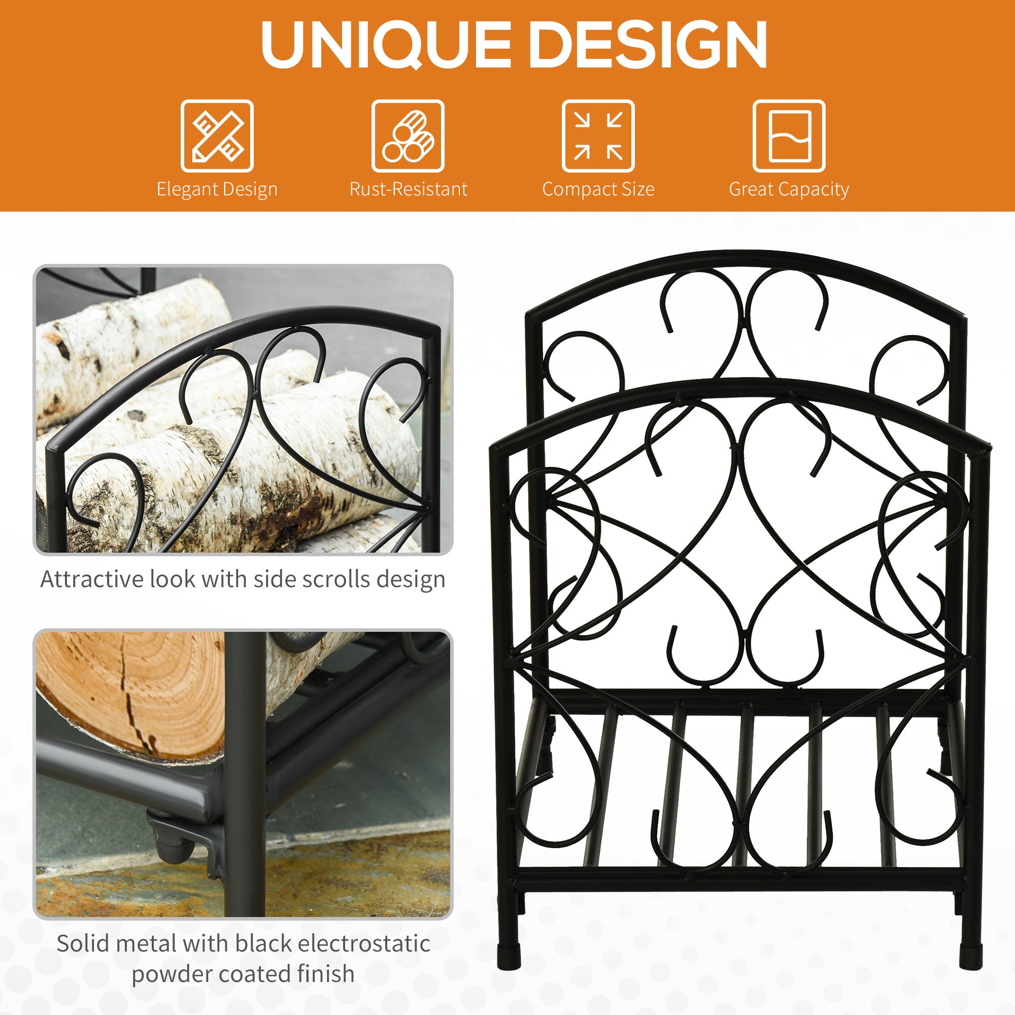 16" Metal Fireplace Log Holder - Black Firewood Rack-Home Furnishings > Home Décor > Fireplaces & Accessories > Firewood Racks-DECOROLALA