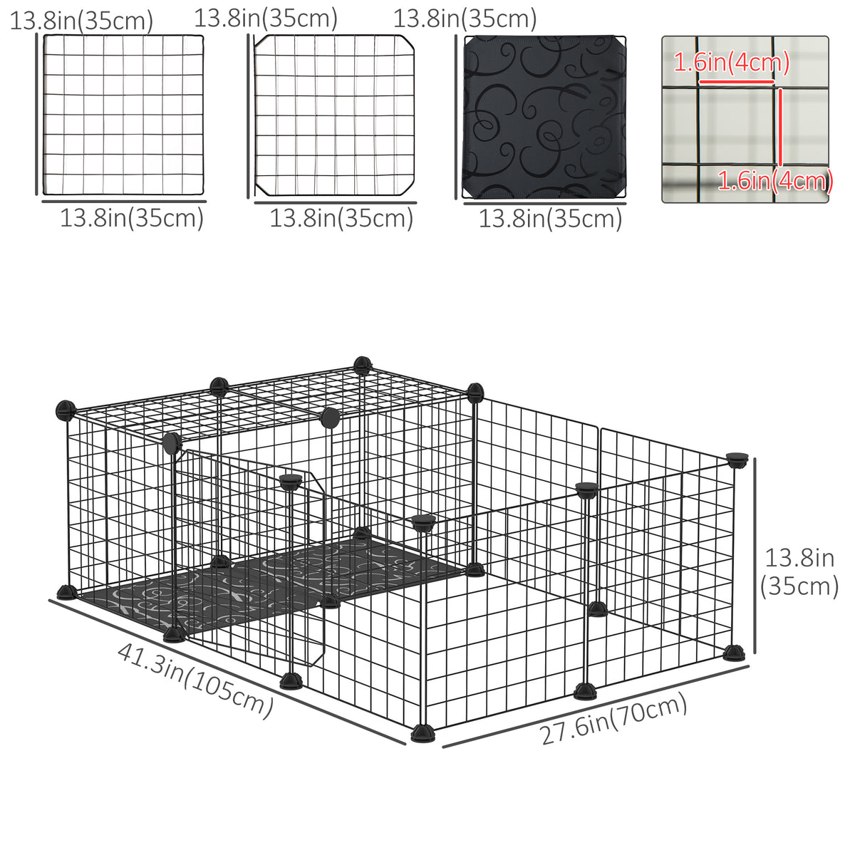 16-Panel Portable Metal Pet Fence with Door - Black 14" Small Animal Cage-Small Animals-DECOROLALA