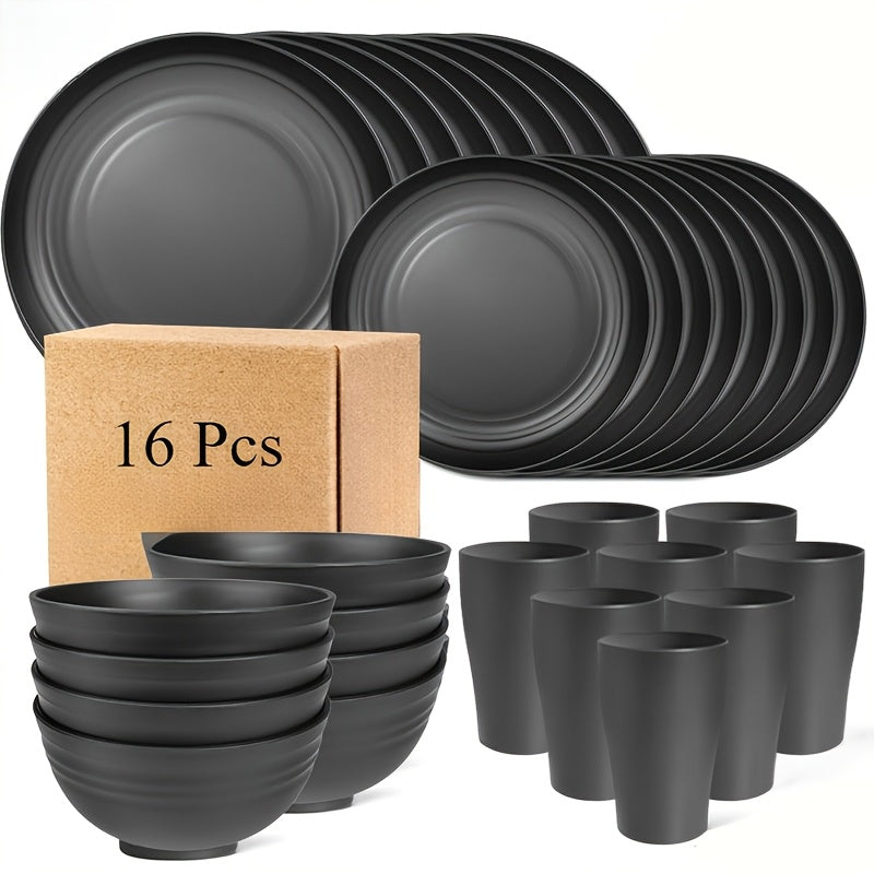 16-Piece Shatterproof Tableware Set - Black Plastic Camping Set-Dining Set-DECOROLALA