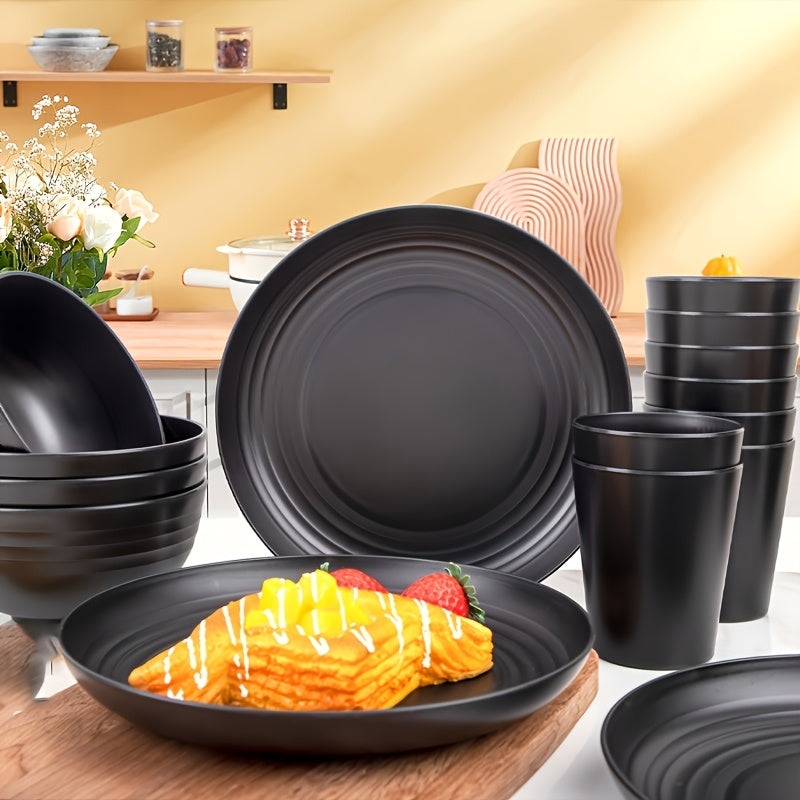 16-Piece Shatterproof Tableware Set - Black Plastic Camping Set-Dining Set-DECOROLALA