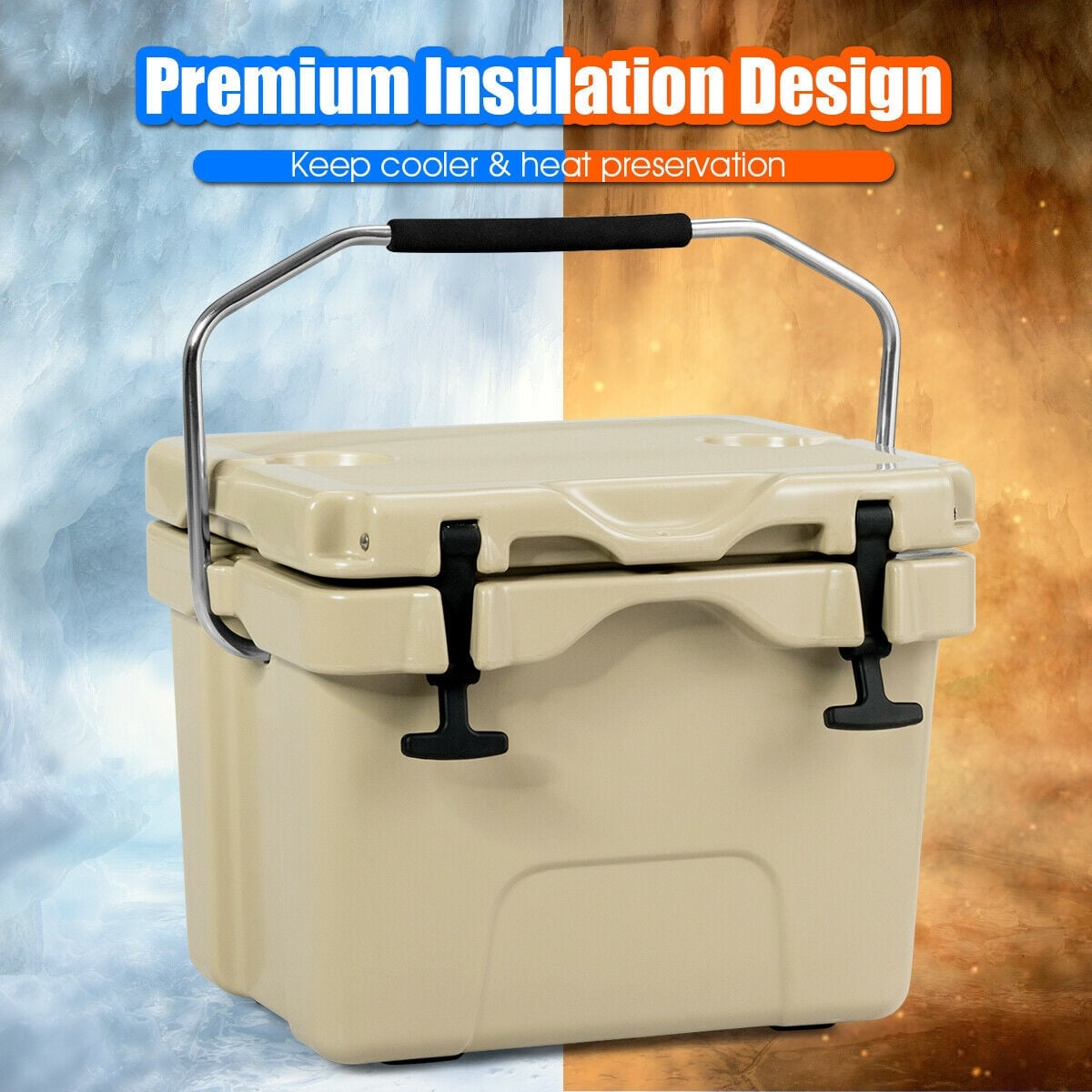 16 Quart 24-Can Capacity Insulated Ice Cooler with 2 Cup Holders-Khaki-Coolers-DECOROLALA