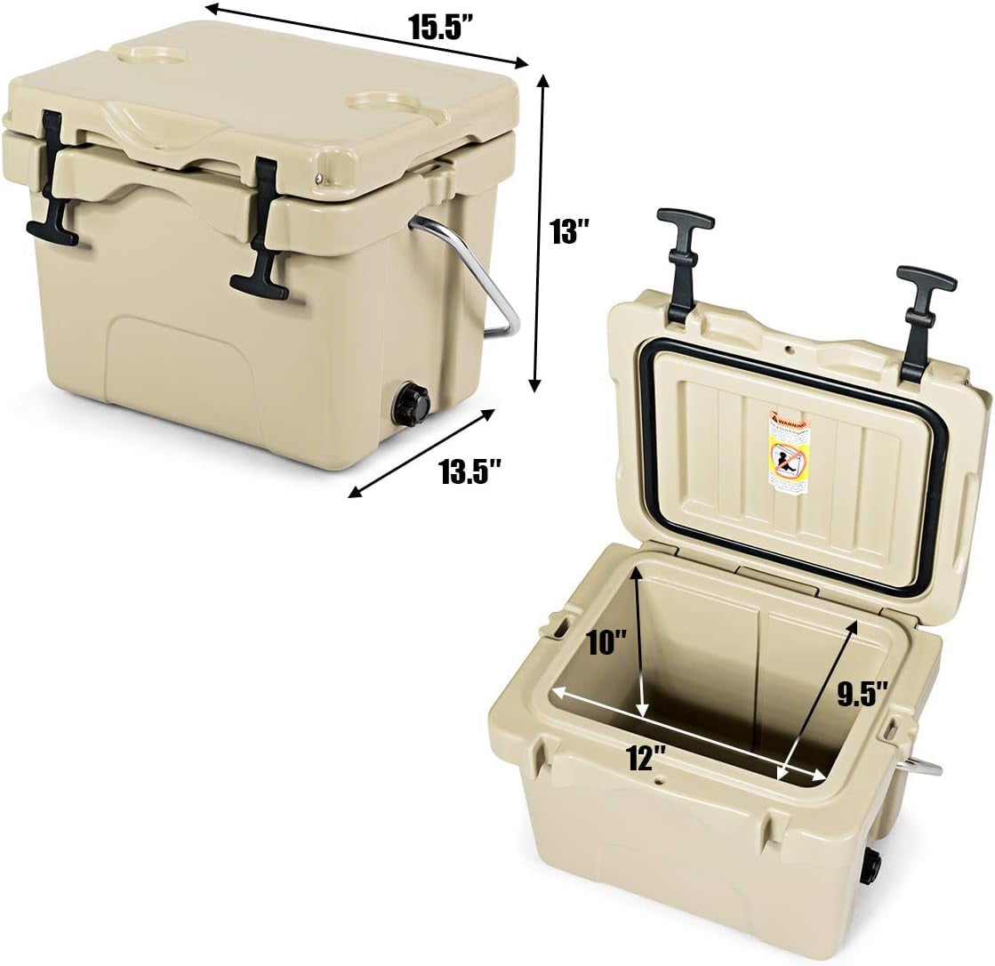 16 Quart 24-Can Capacity Insulated Ice Cooler with 2 Cup Holders-Khaki-Coolers-DECOROLALA