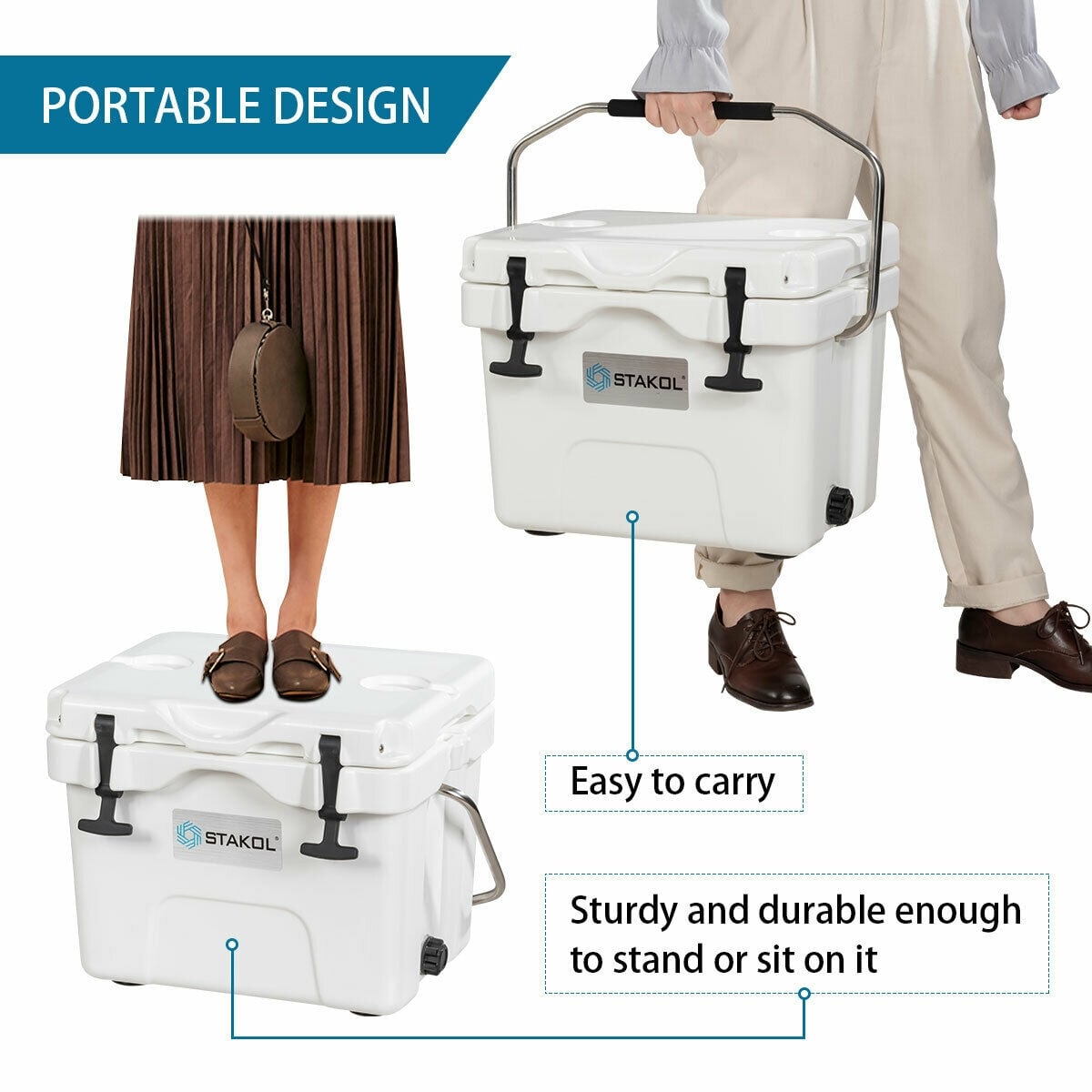 16 Quart 24-Can Capacity Portable Insulated Ice Cooler with 2 Cup Holders-White-Coolers-DECOROLALA