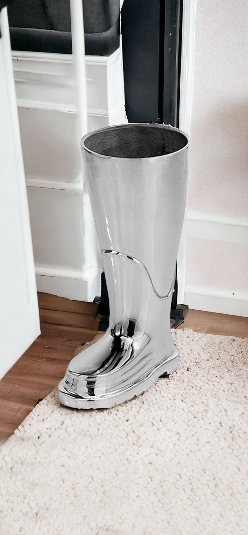 16" Silver Buffed Aluminum Firefighter Boot Umbrella Stand Sculpture-Sculptures-DECOROLALA