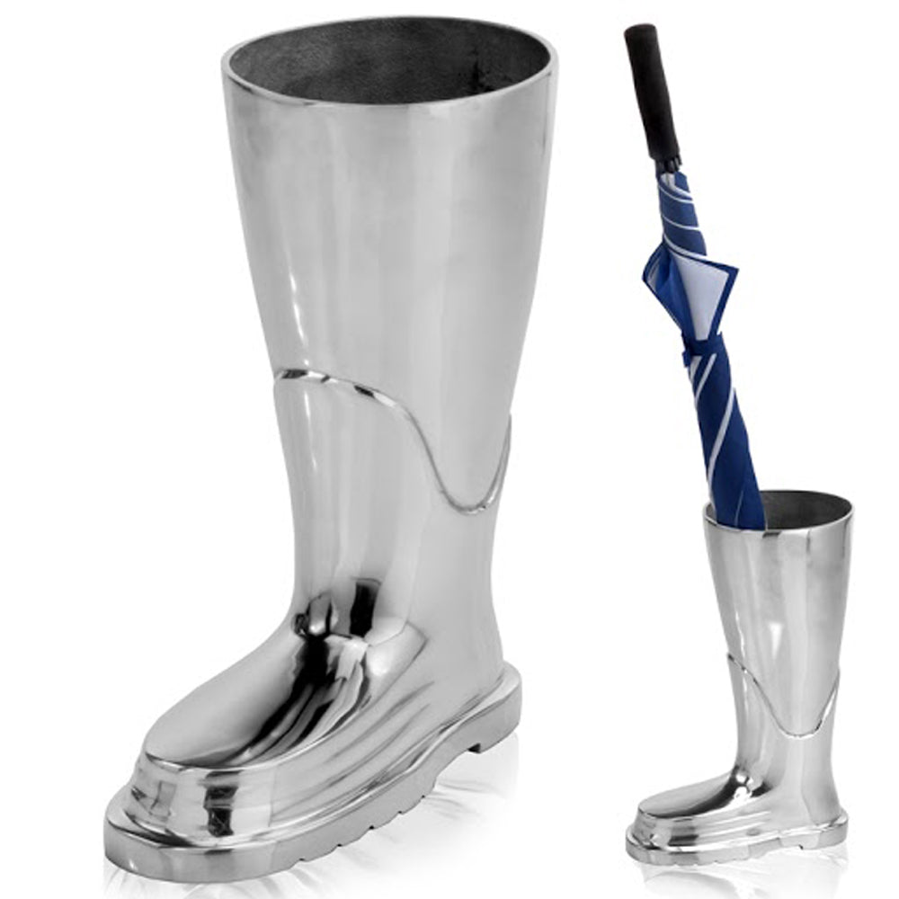 16" Silver Buffed Aluminum Firefighter Boot Umbrella Stand Sculpture-Sculptures-DECOROLALA