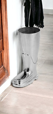 16" Silver Buffed Aluminum Firefighter Boot Umbrella Stand Sculpture-Sculptures-DECOROLALA