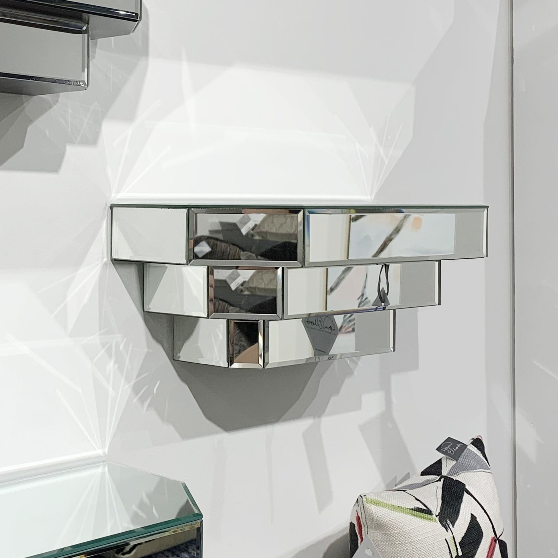 16" Silver Mirrored Glass Hanging Dimensional Floating Shelf-Wall Mounted Shelves-DECOROLALA