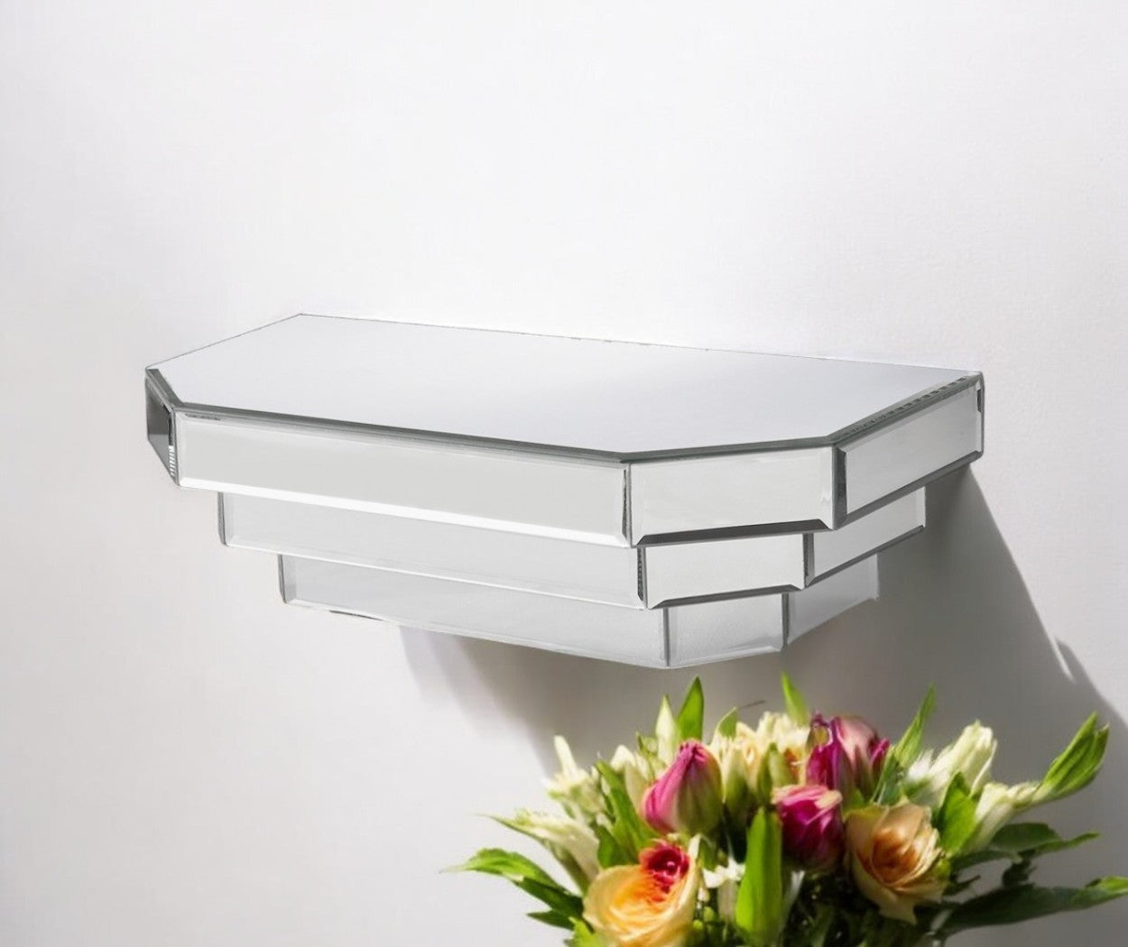 16" Silver Mirrored Glass Hanging Dimensional Floating Shelf-Wall Mounted Shelves-DECOROLALA