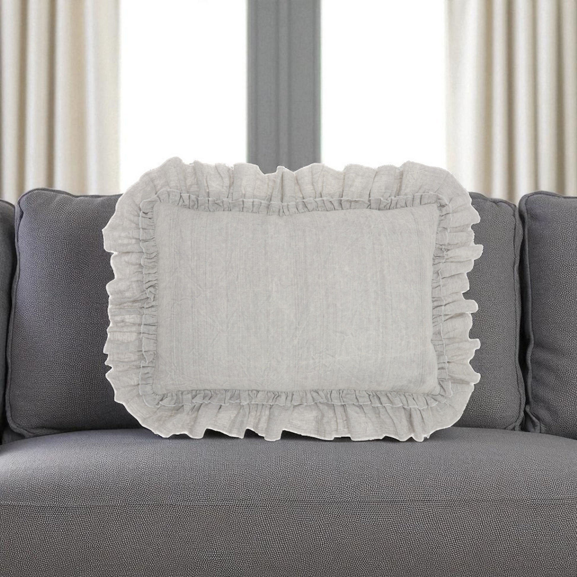 16" X 24" Gray Pillow With Ruffled Edges-Accent Throw Pillows-DECOROLALA