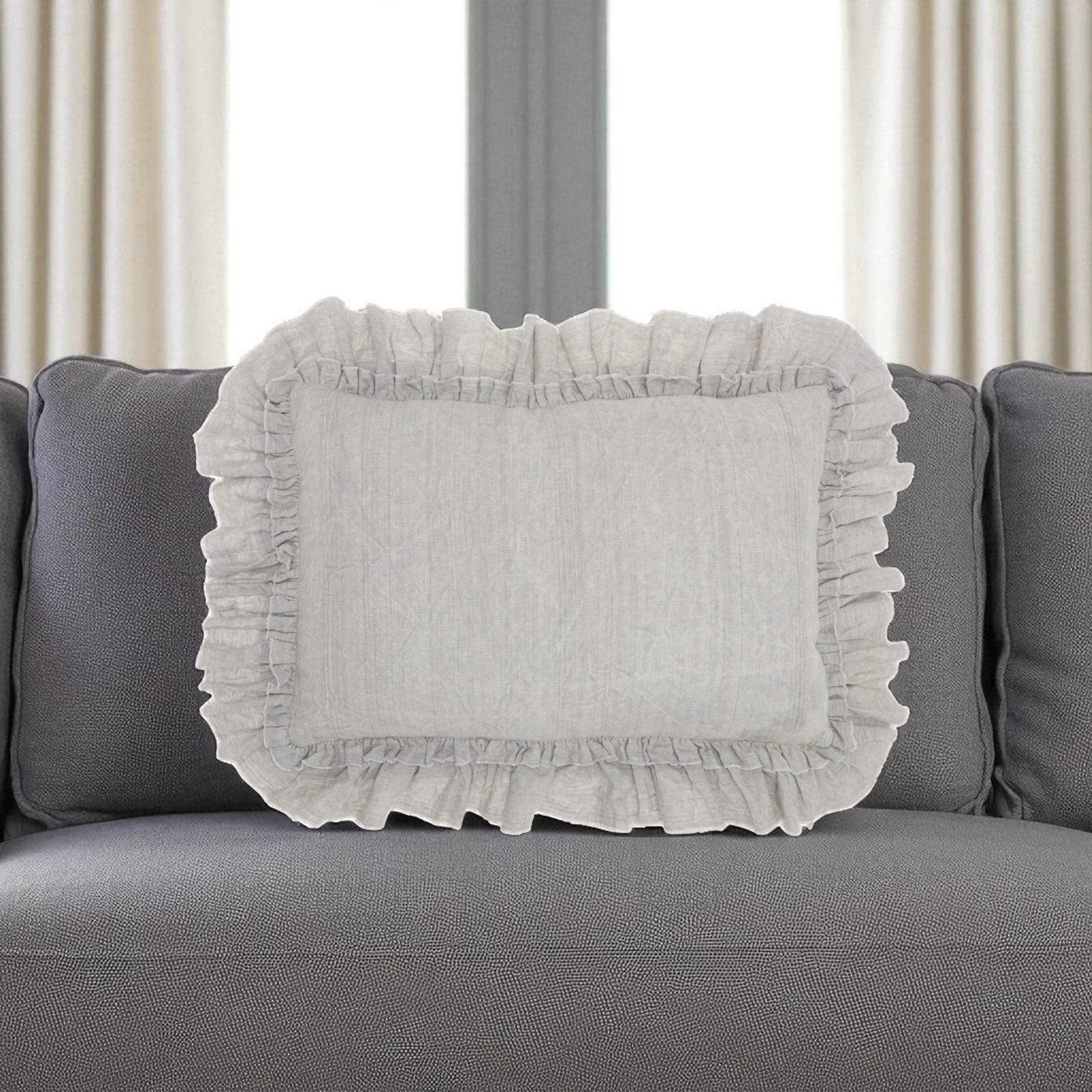 16" X 24" Gray Pillow With Ruffled Edges-Accent Throw Pillows-DECOROLALA