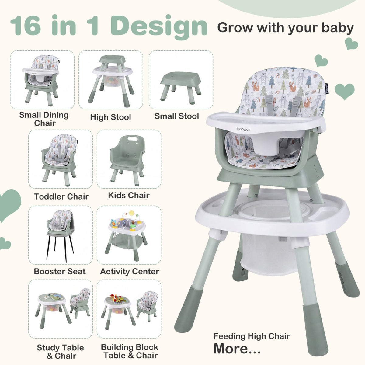 16-in-1 Baby High Chair with Activity Center and Booster Seat for Babies and Toddlers-Light Green-High Chairs-DECOROLALA