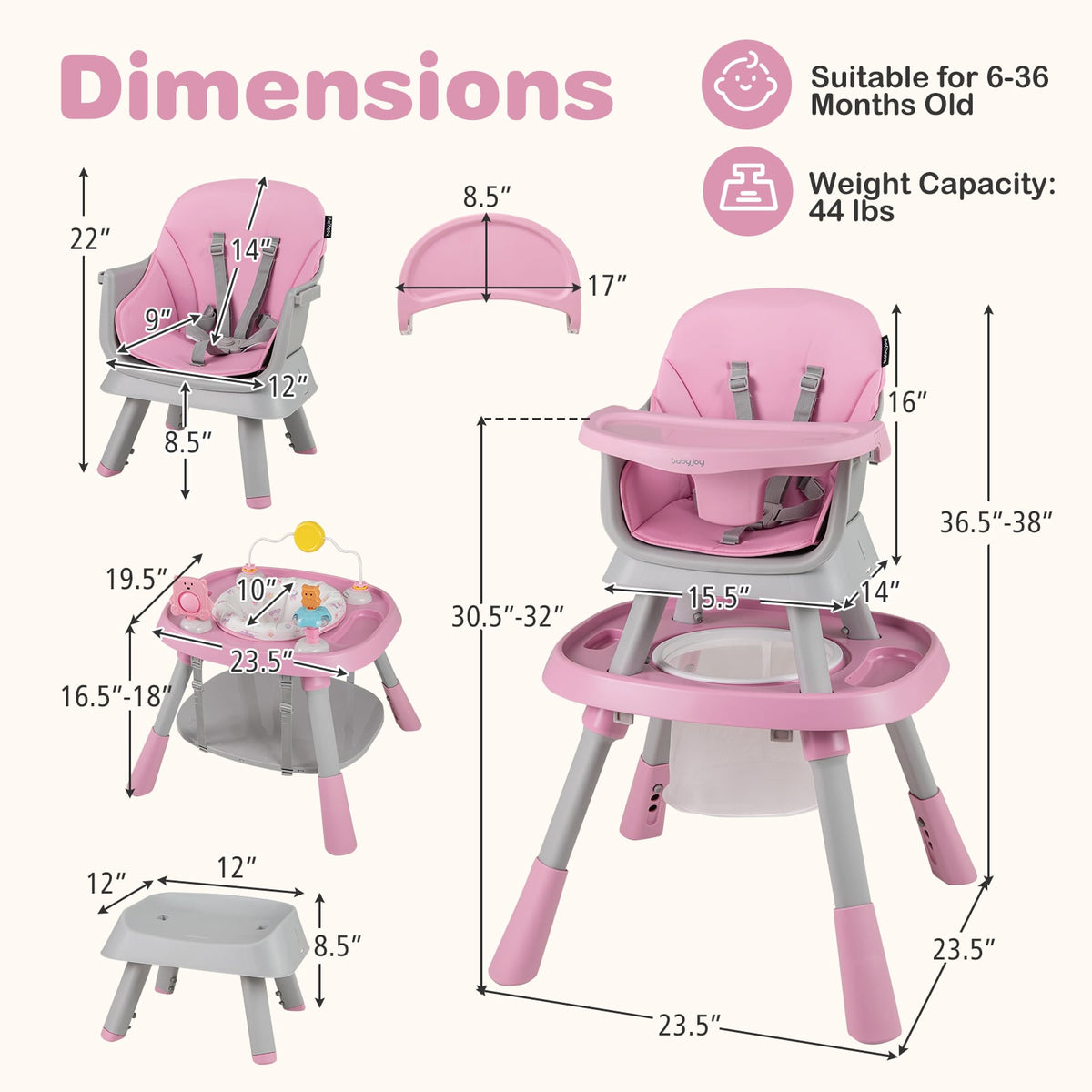 16-in-1 Baby High Chair with Activity Center and Booster Seat for Babies and Toddlers-Pink-High Chairs-DECOROLALA