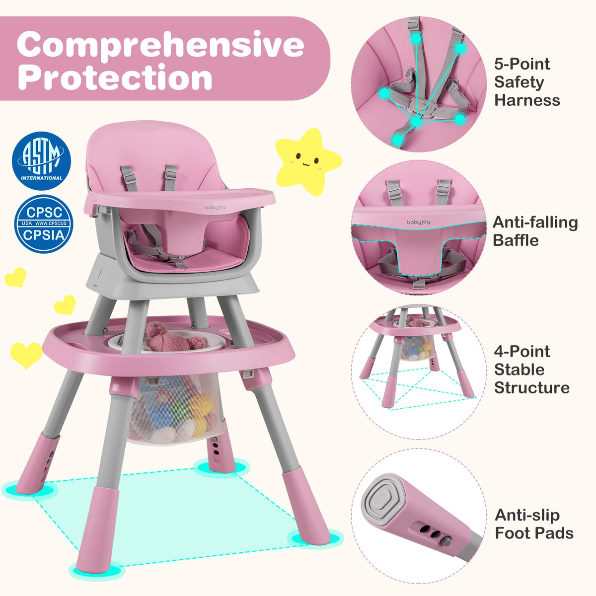 16-in-1 Baby High Chair with Activity Center and Booster Seat for Babies and Toddlers-Pink-High Chairs-DECOROLALA