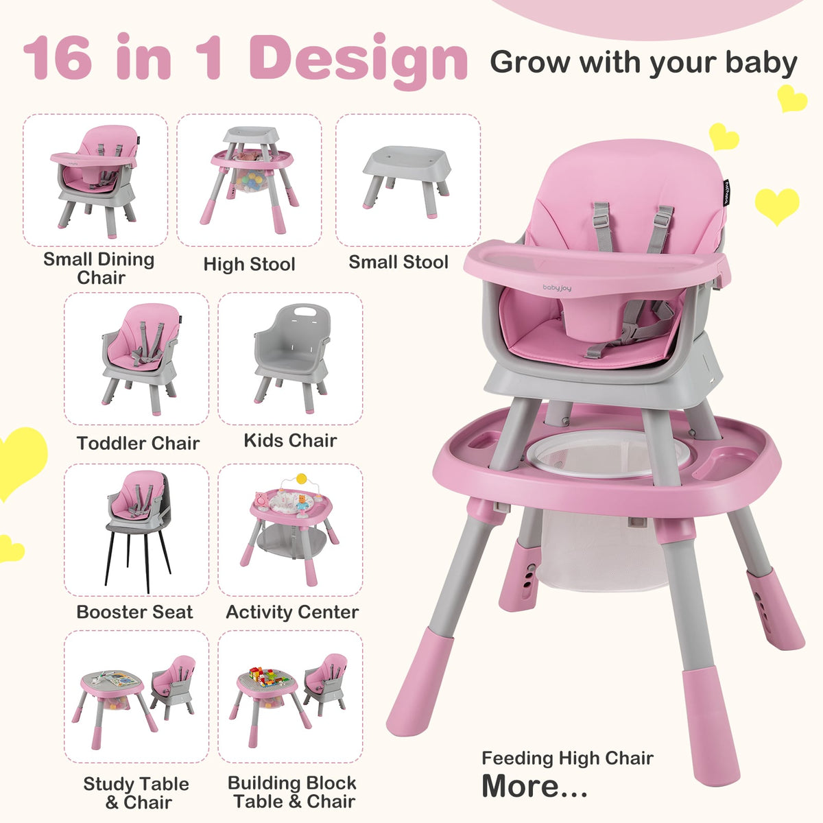 16-in-1 Baby High Chair with Activity Center and Booster Seat for Babies and Toddlers-Pink-High Chairs-DECOROLALA
