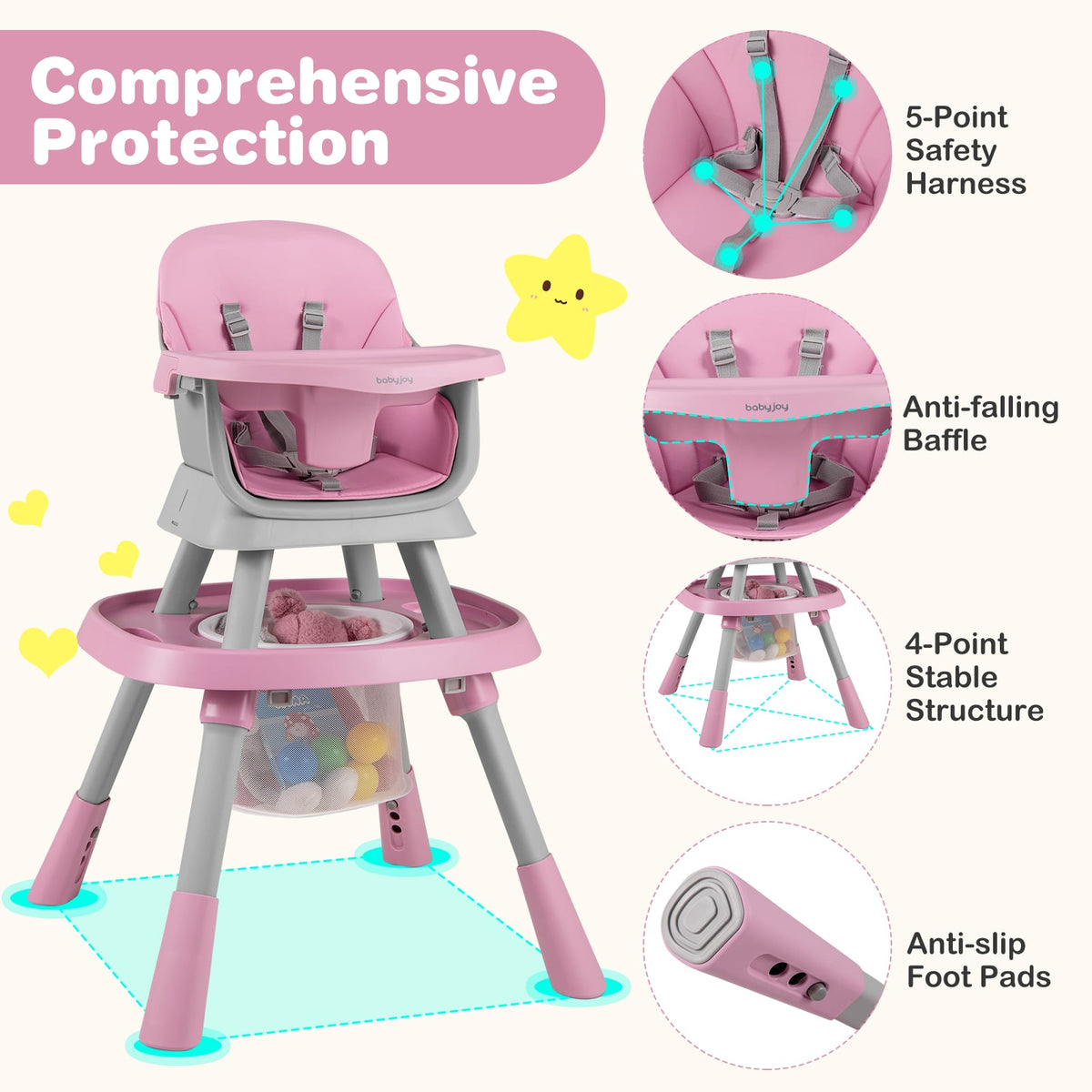 16-in-1 Baby High Chair with Activity Center and Booster Seat for Babies and Toddlers-Pink-High Chairs-DECOROLALA
