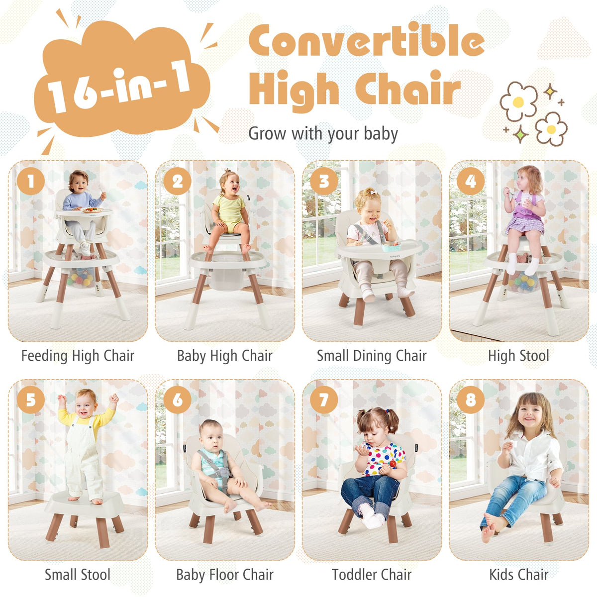 16-in-1 Baby High Chair with Activity Center and Booster Seat for Babies and Toddlers-White-High Chairs-DECOROLALA