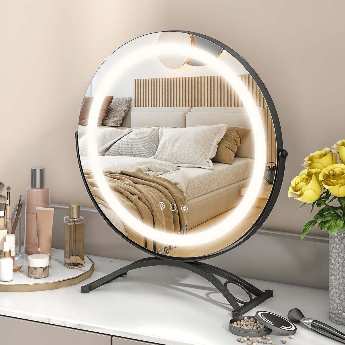 16 x 16 Inch Round LED Vanity Mirror with 3-Color Lighting and Brightness Dimming-Black-Makeup Vanities-DECOROLALA