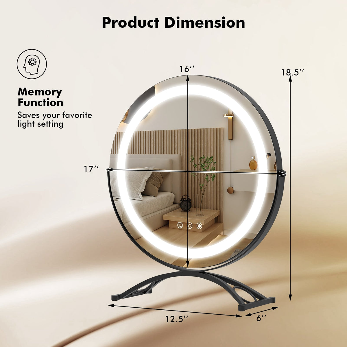 16 x 16 Inch Round LED Vanity Mirror with 3-Color Lighting and Brightness Dimming-Black-Makeup Vanities-DECOROLALA