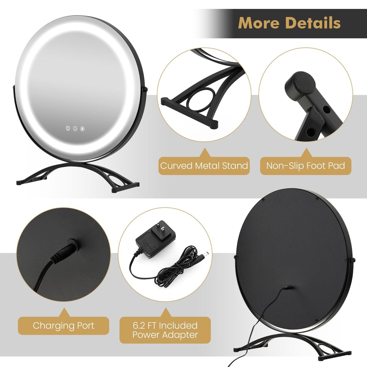 16 x 16 Inch Round LED Vanity Mirror with 3-Color Lighting and Brightness Dimming-Black-Makeup Vanities-DECOROLALA