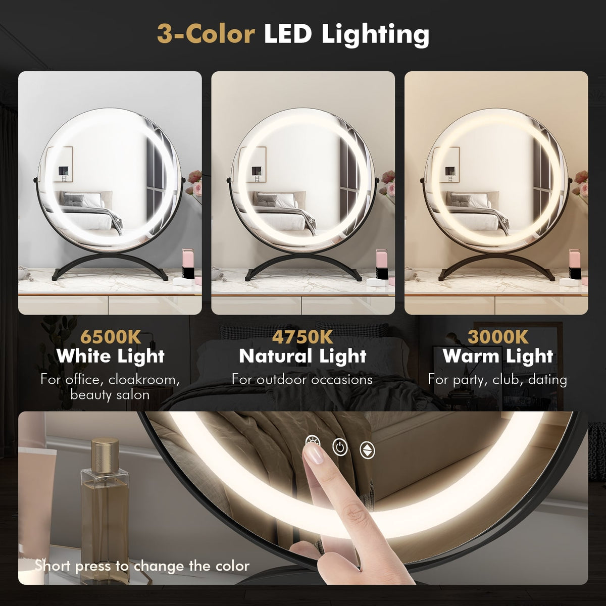 16 x 16 Inch Round LED Vanity Mirror with 3-Color Lighting and Brightness Dimming-Black-Makeup Vanities-DECOROLALA