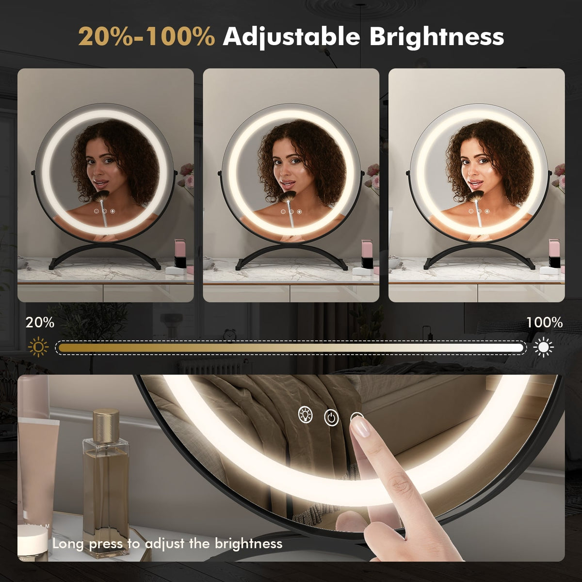 16 x 16 Inch Round LED Vanity Mirror with 3-Color Lighting and Brightness Dimming-Black-Makeup Vanities-DECOROLALA