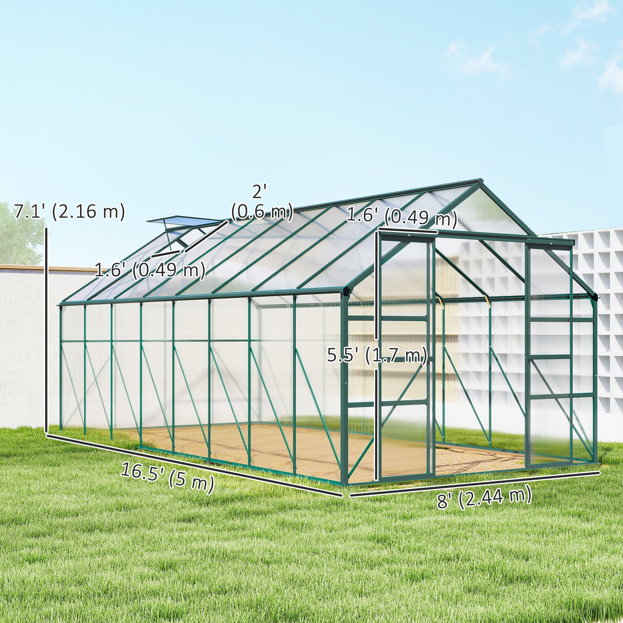 16' x 8' Aluminum Polycarbonate Greenhouse - Green-DECOROLALA