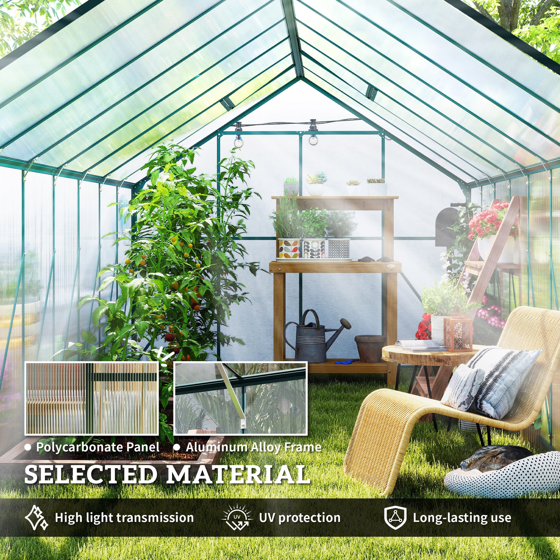 16' x 8' Aluminum Polycarbonate Greenhouse - Green-DECOROLALA
