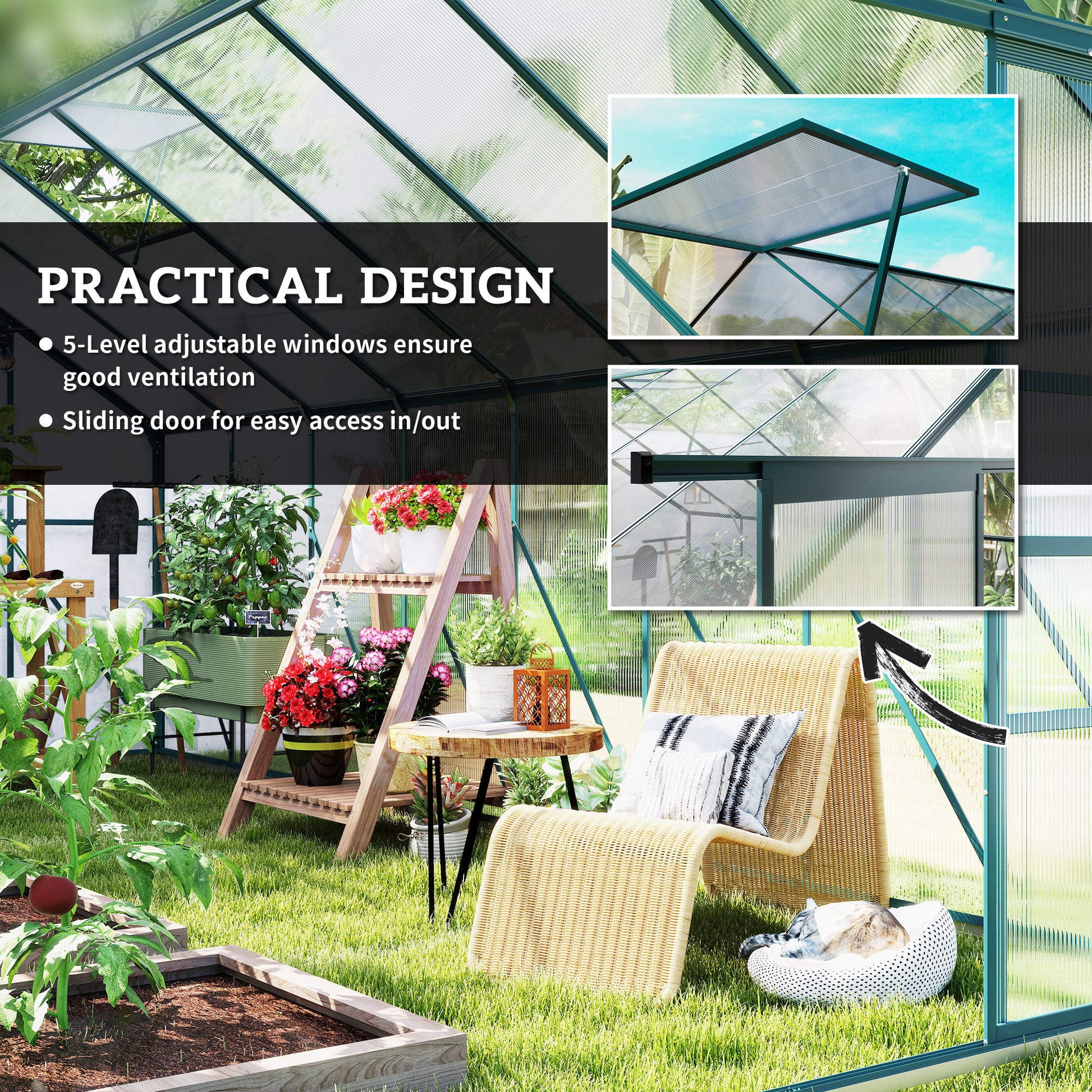 16' x 8' Aluminum Polycarbonate Greenhouse - Green-DECOROLALA