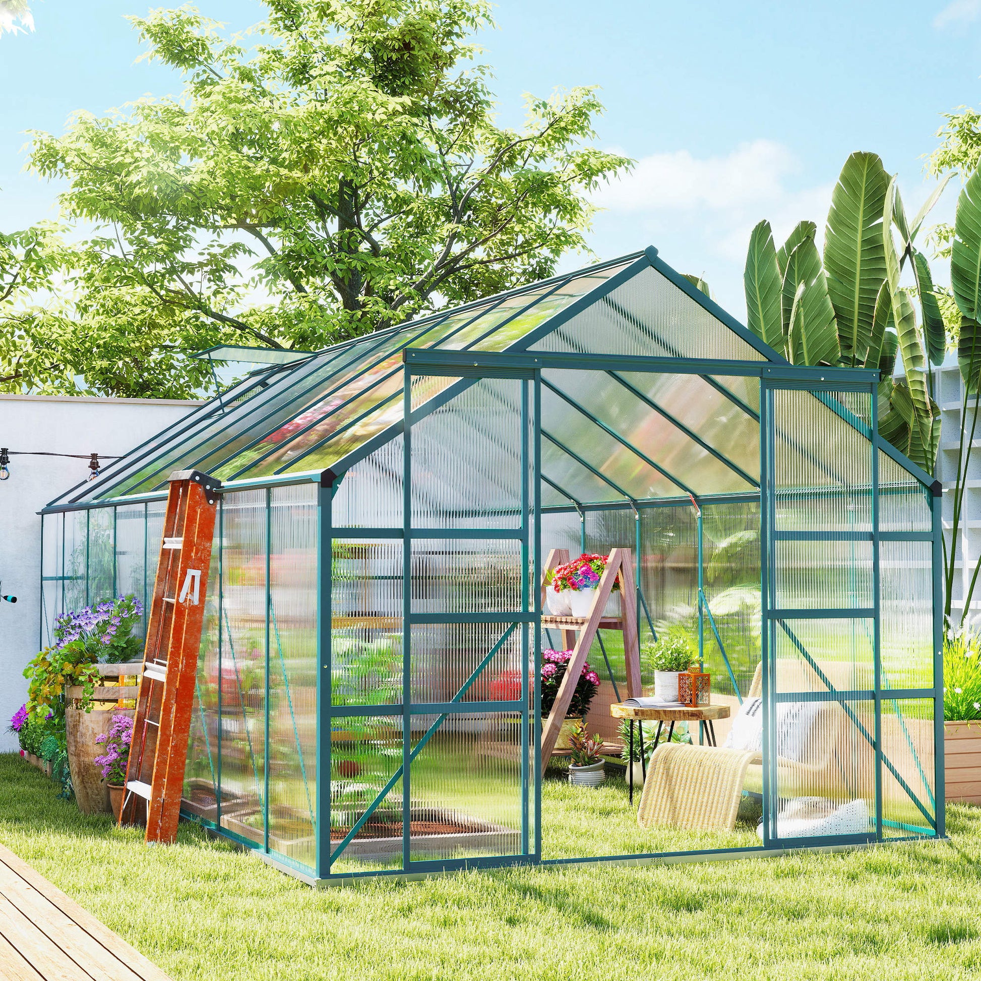 16' x 8' Aluminum Polycarbonate Greenhouse - Green-DECOROLALA