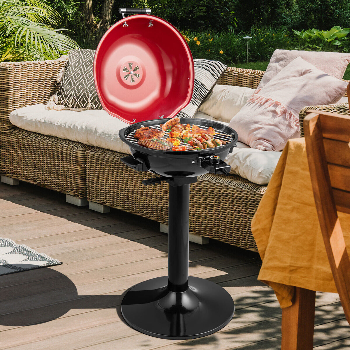 1600W Electric BBQ Grill with Removable Non-Stick Warming Rack-Red-Outdoor Grills-DECOROLALA