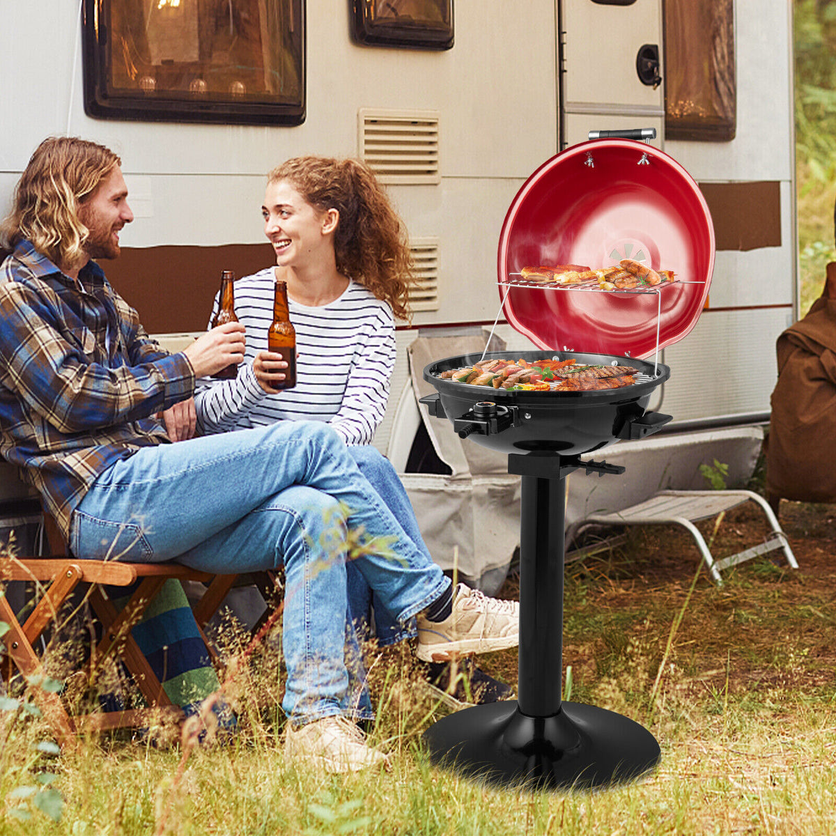 1600W Electric BBQ Grill with Removable Non-Stick Warming Rack-Red-Outdoor Grills-DECOROLALA