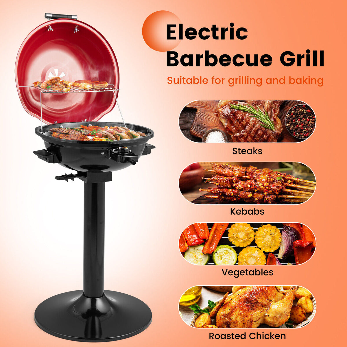 1600W Electric BBQ Grill with Removable Non-Stick Warming Rack-Red-Outdoor Grills-DECOROLALA