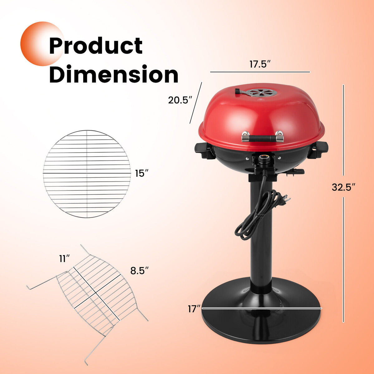 1600W Electric BBQ Grill with Removable Non-Stick Warming Rack-Red-Outdoor Grills-DECOROLALA