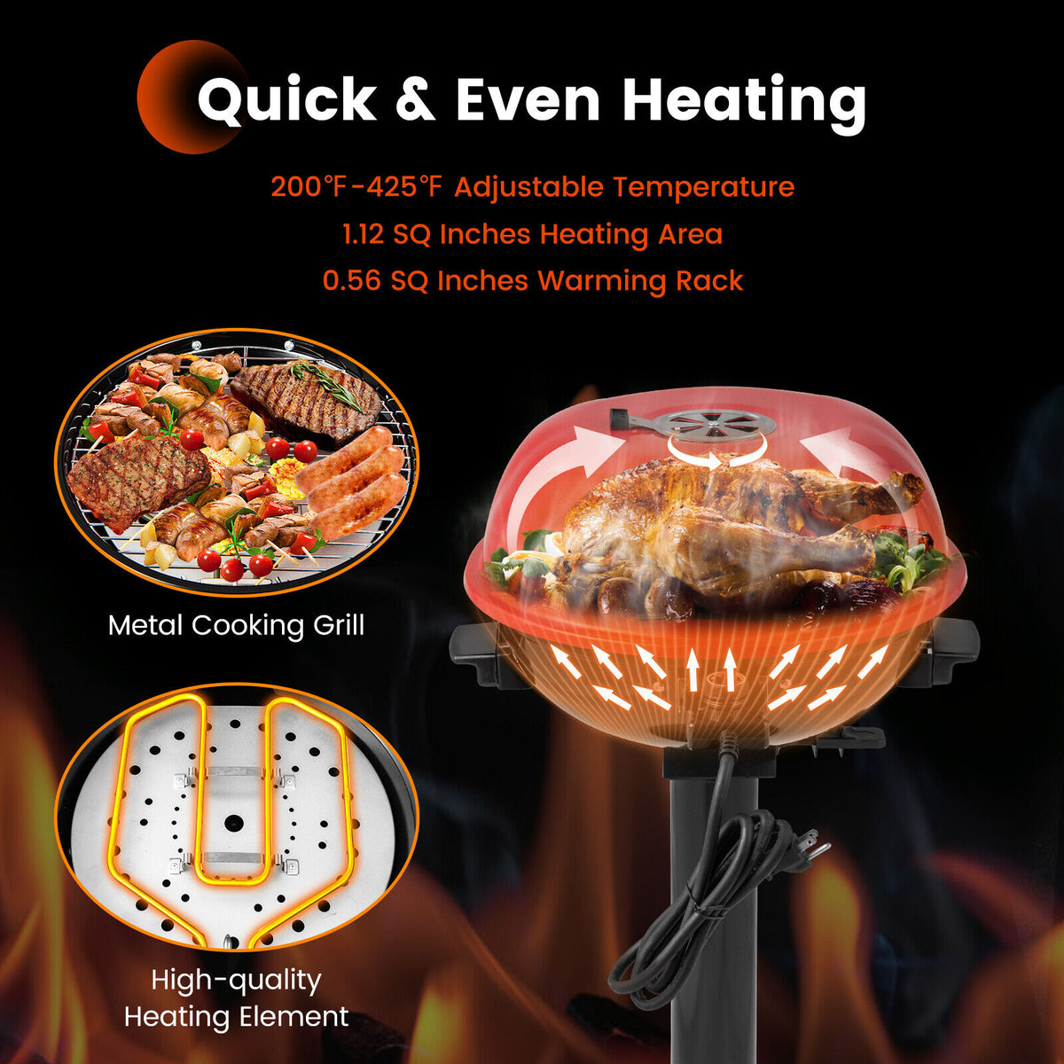 1600W Electric BBQ Grill with Removable Non-Stick Warming Rack-Red-Outdoor Grills-DECOROLALA