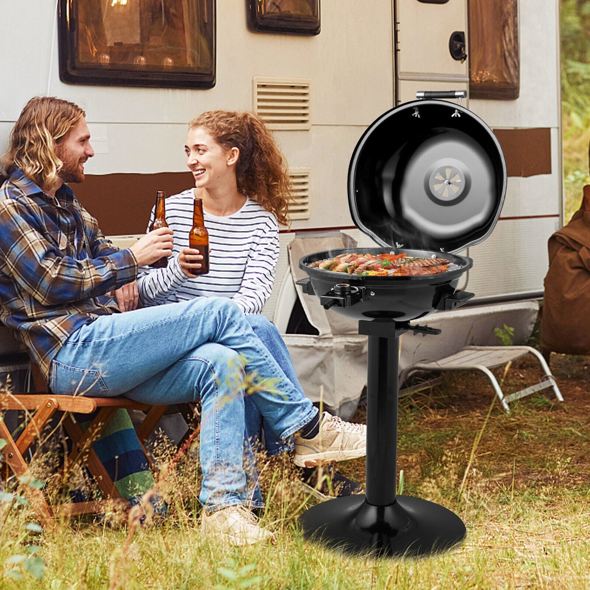 1600W Portable Electric BBQ Grill with Removable Non-Stick Rack-Black-Outdoor Grills-DECOROLALA