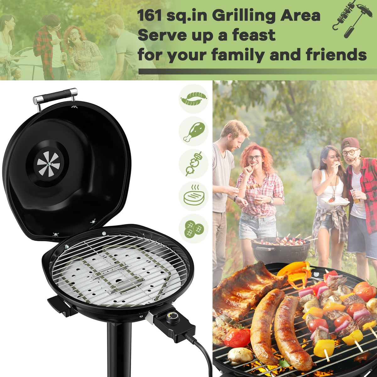 1600W Portable Electric BBQ Grill with Removable Non-Stick Rack-Black-Outdoor Grills-DECOROLALA