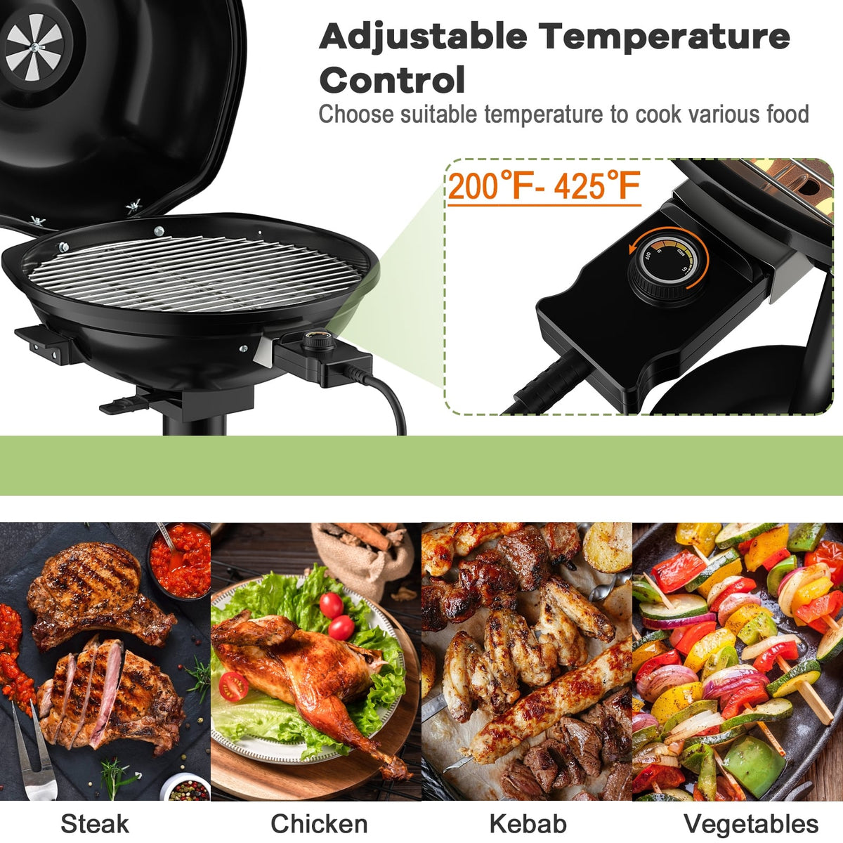1600W Portable Electric BBQ Grill with Removable Non-Stick Rack-Black-Outdoor Grills-DECOROLALA