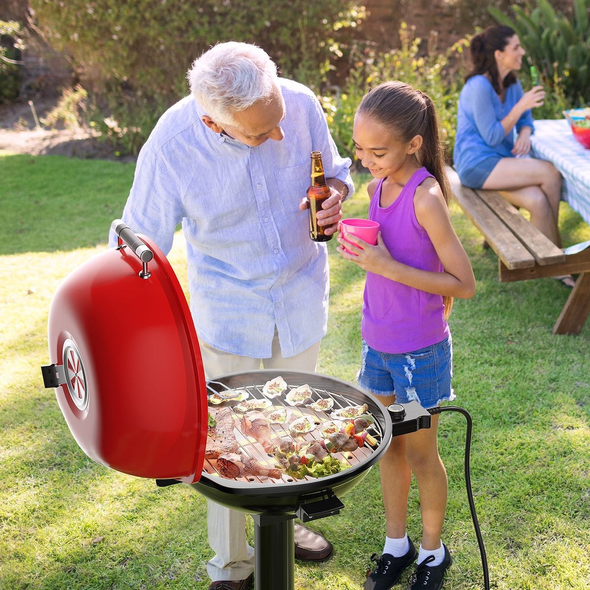 1600W Portable Electric BBQ Grill with Removable Non-Stick Rack-Black & Red-Outdoor Grills-DECOROLALA