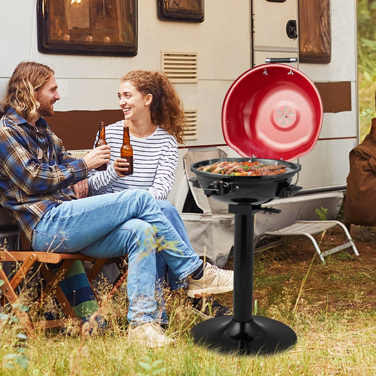1600W Portable Electric BBQ Grill with Removable Non-Stick Rack-Black & Red-Outdoor Grills-DECOROLALA