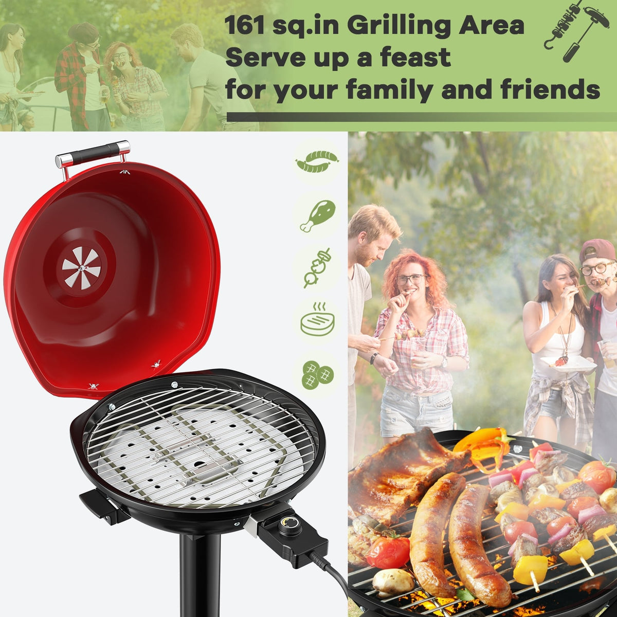 1600W Portable Electric BBQ Grill with Removable Non-Stick Rack-Black & Red-Outdoor Grills-DECOROLALA