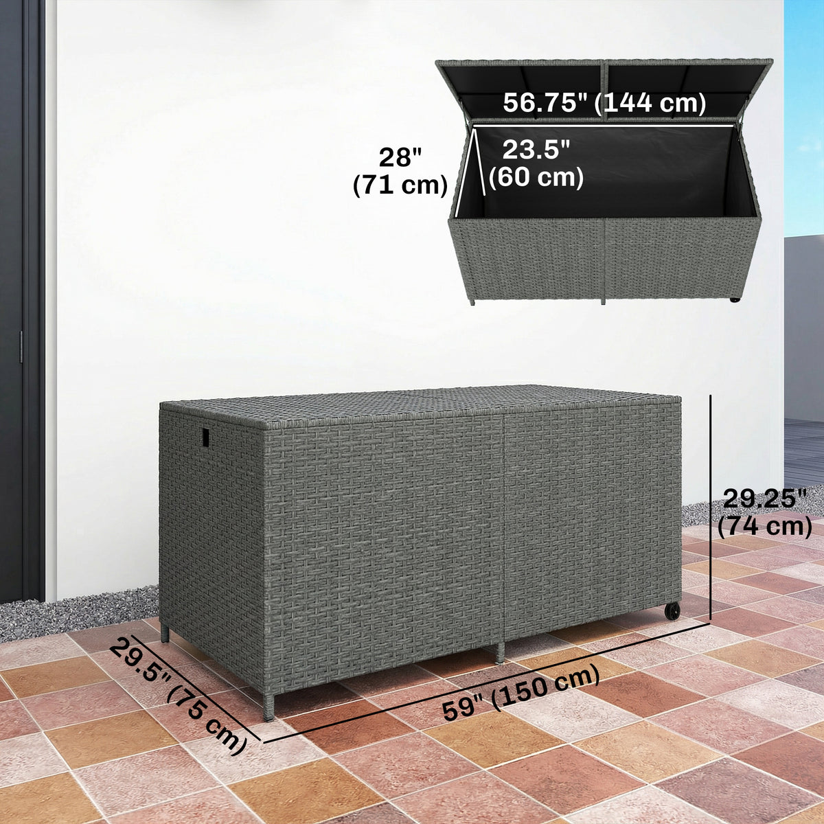 162 Gallon Rattan Deck Box with Wheels - Dark Grey-Outdoor Storage Boxes-DECOROLALA