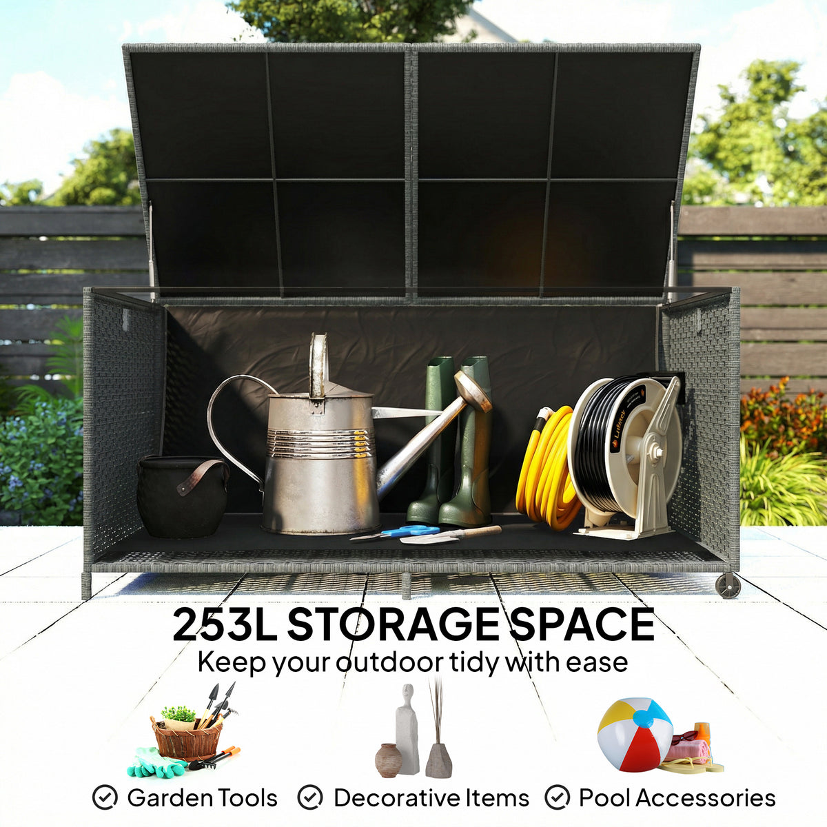 162 Gallon Rattan Deck Box with Wheels - Dark Grey-Outdoor Storage Boxes-DECOROLALA