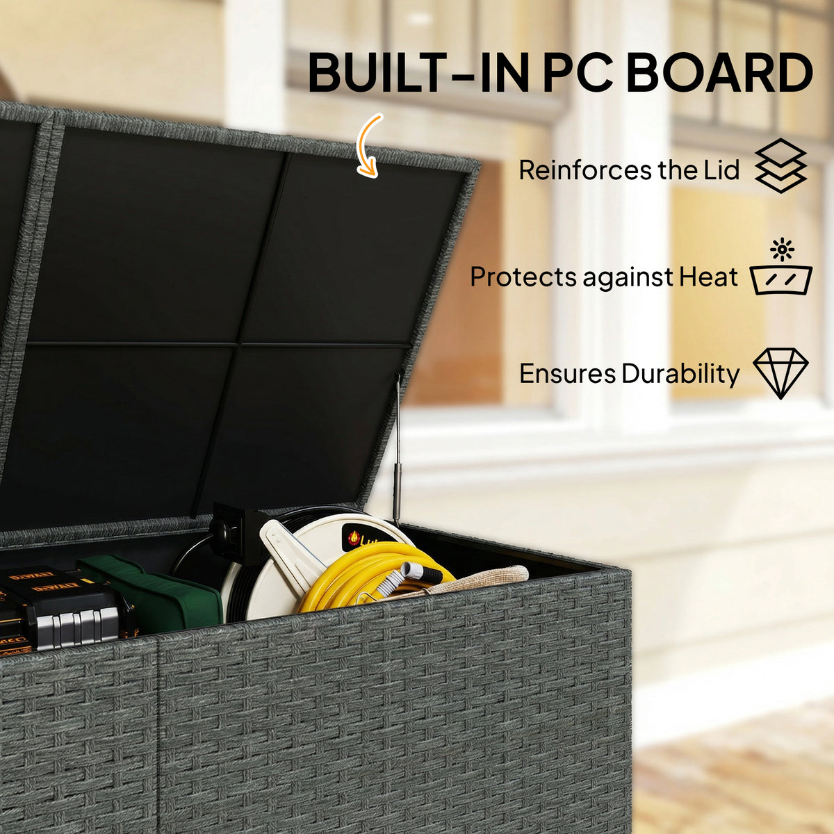 162 Gallon Rattan Deck Box with Wheels - Dark Grey-Outdoor Storage Boxes-DECOROLALA