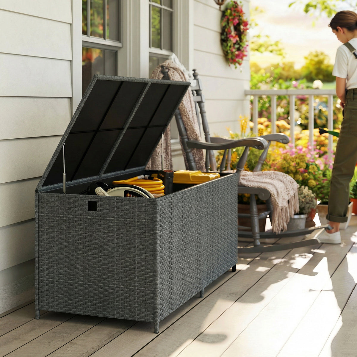 162 Gallon Rattan Deck Box with Wheels - Dark Grey-Outdoor Storage Boxes-DECOROLALA