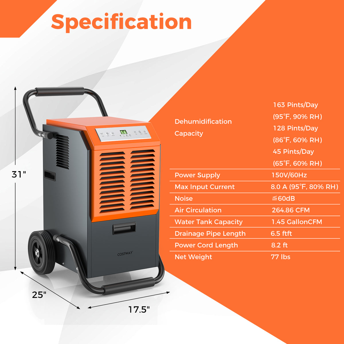 163 Pints Commercial Dehumidifier with Drain Hose and 24H Timer-Gray-Dehumidifiers-DECOROLALA
