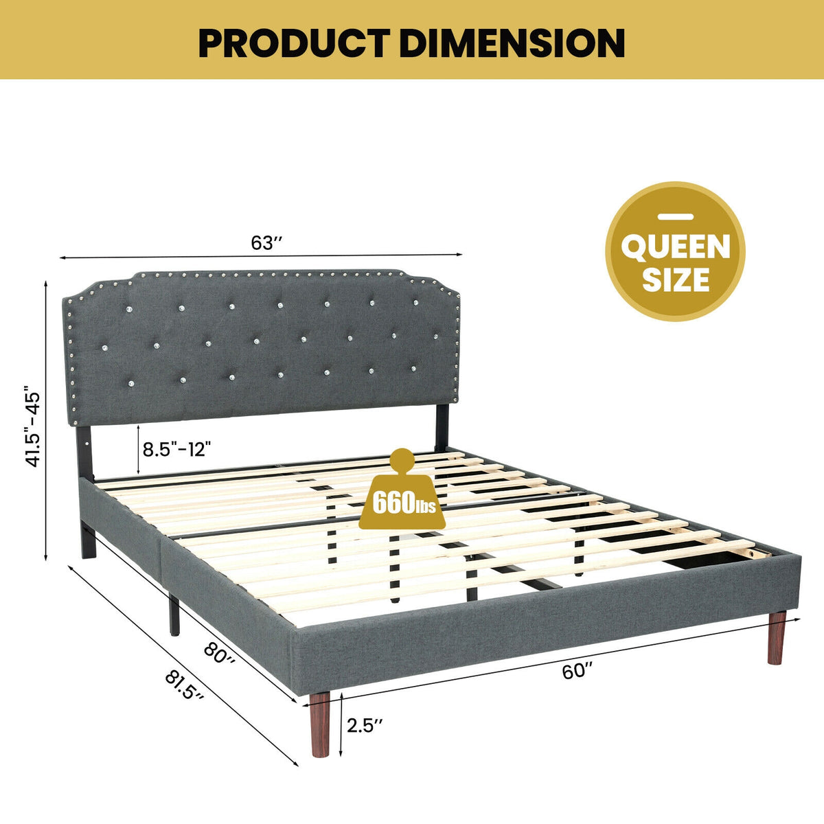 Upholstered Bed Frame with Adjustable Diamond Button Headboard-Simple Bed Frame-DECOROLALA
