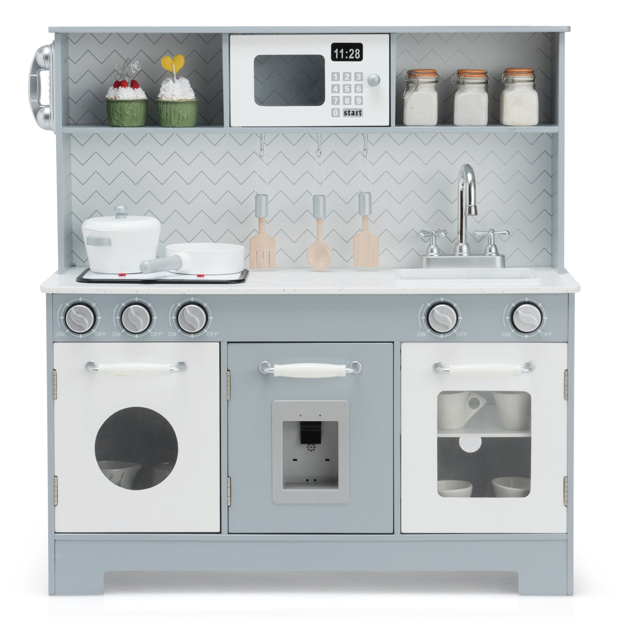 Wooden Pretend Play Kitchen Set with Light and Sound - White/Gray