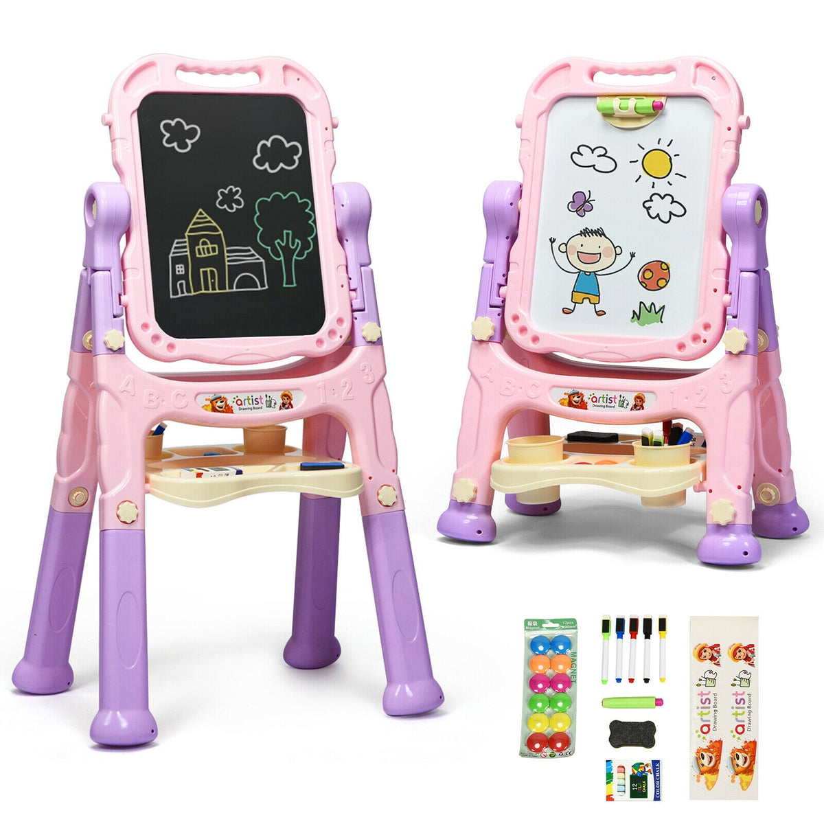 Height Adjustable Kids Art Easel - Magnetic Double-Sided Board