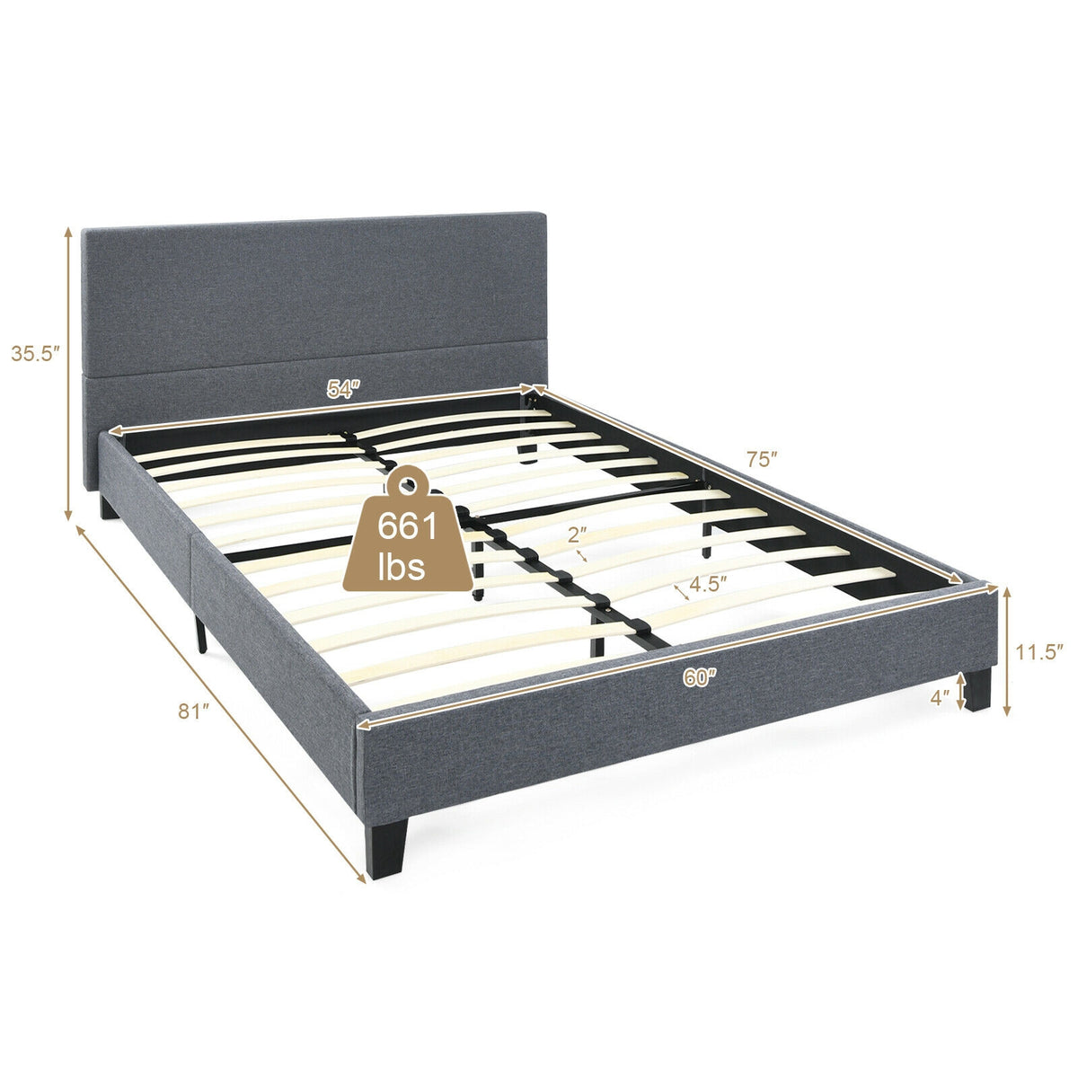 Upholstered Bed Frame Platform with Linen Headboard-Simple Bed Frame-DECOROLALA