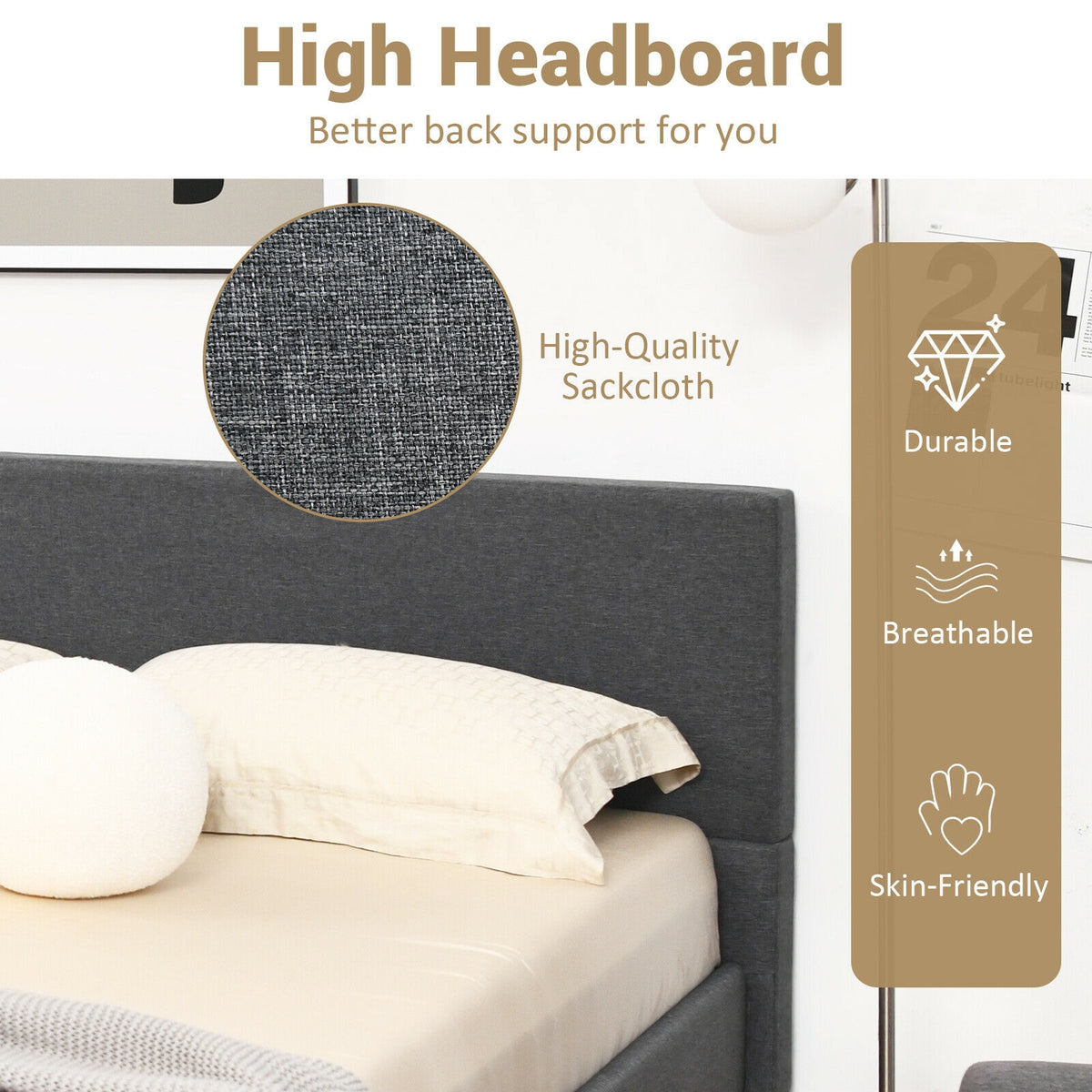 Upholstered Bed Frame Platform with Linen Headboard-Simple Bed Frame-DECOROLALA